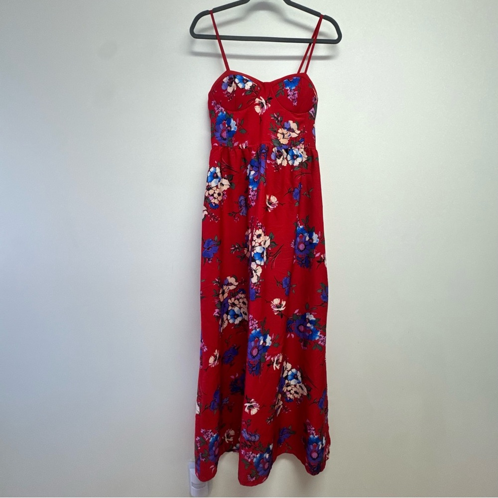 Band of Gypsies Red Floral Maxi Dress with Blue & Cream Accents Size S